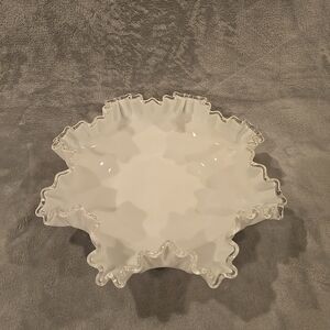 Vintage Fenton Silver Crest‎ White Milk Glass Ruffled Edge Bowl Candy Dish 11.5”